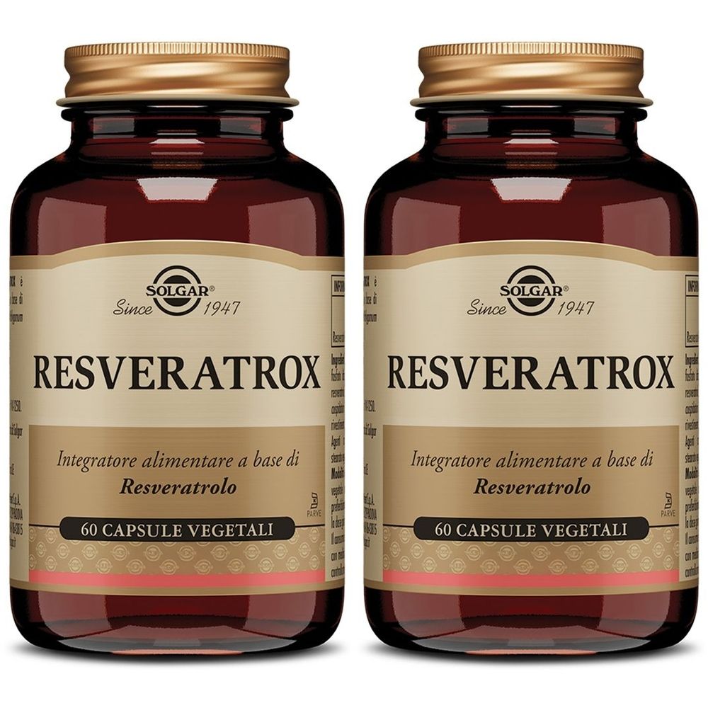 Due bottiglie di SOLGAR Resveratrox. Flaconi in vetro marrone con tappi dorati. Scritta: RESVERATROX, 60 CAPSULE VEGETALI.