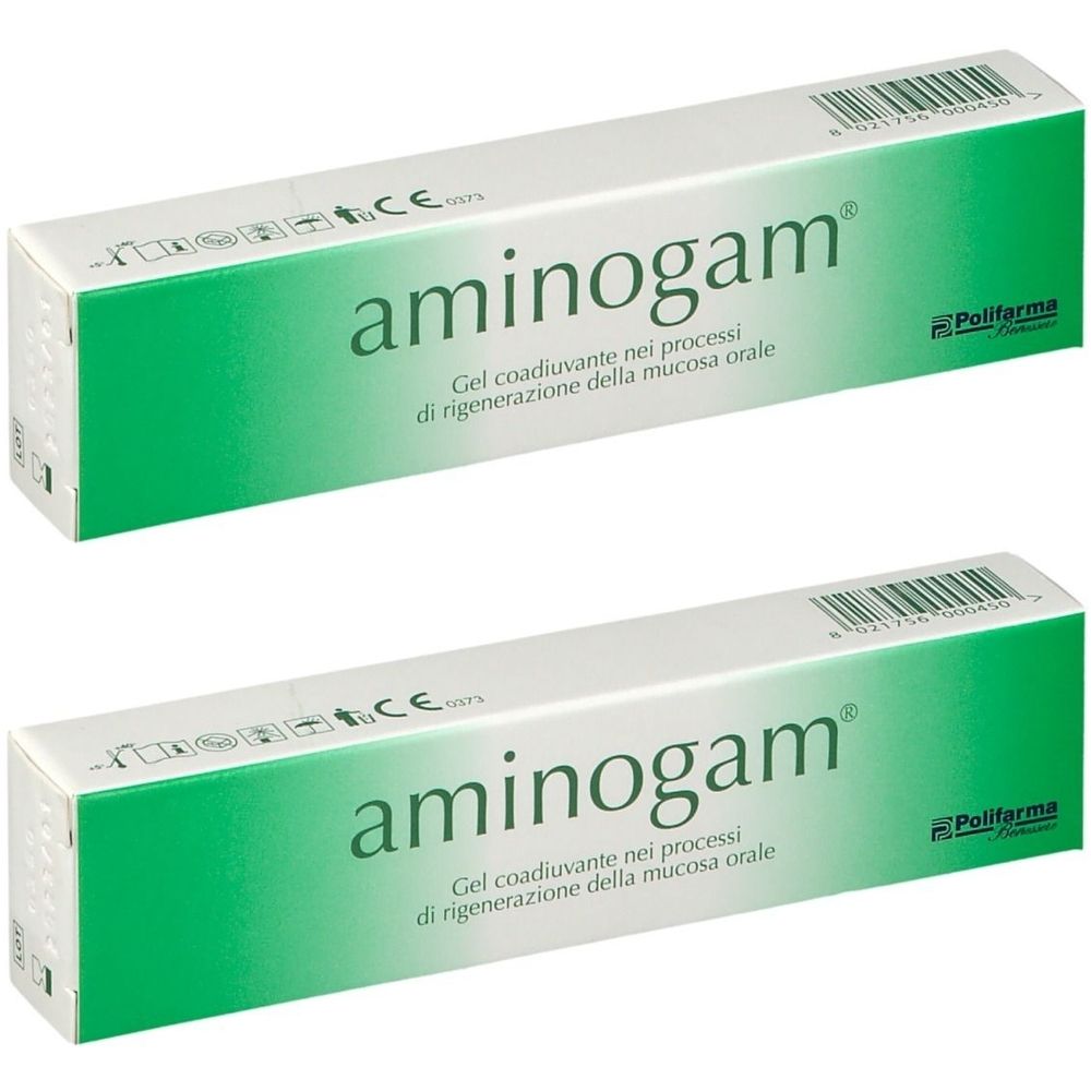 Due scatole bianche con accento verde. Scritta: aminogam. Testo in italiano. Logo Polifarma.