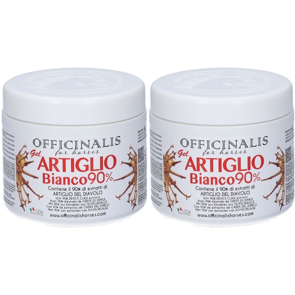 Due vasetti bianchi con scritta OFFICINALIS Artiglio Bianco 90% Gel per cavalli. Stampa con illustrazioni e testo.