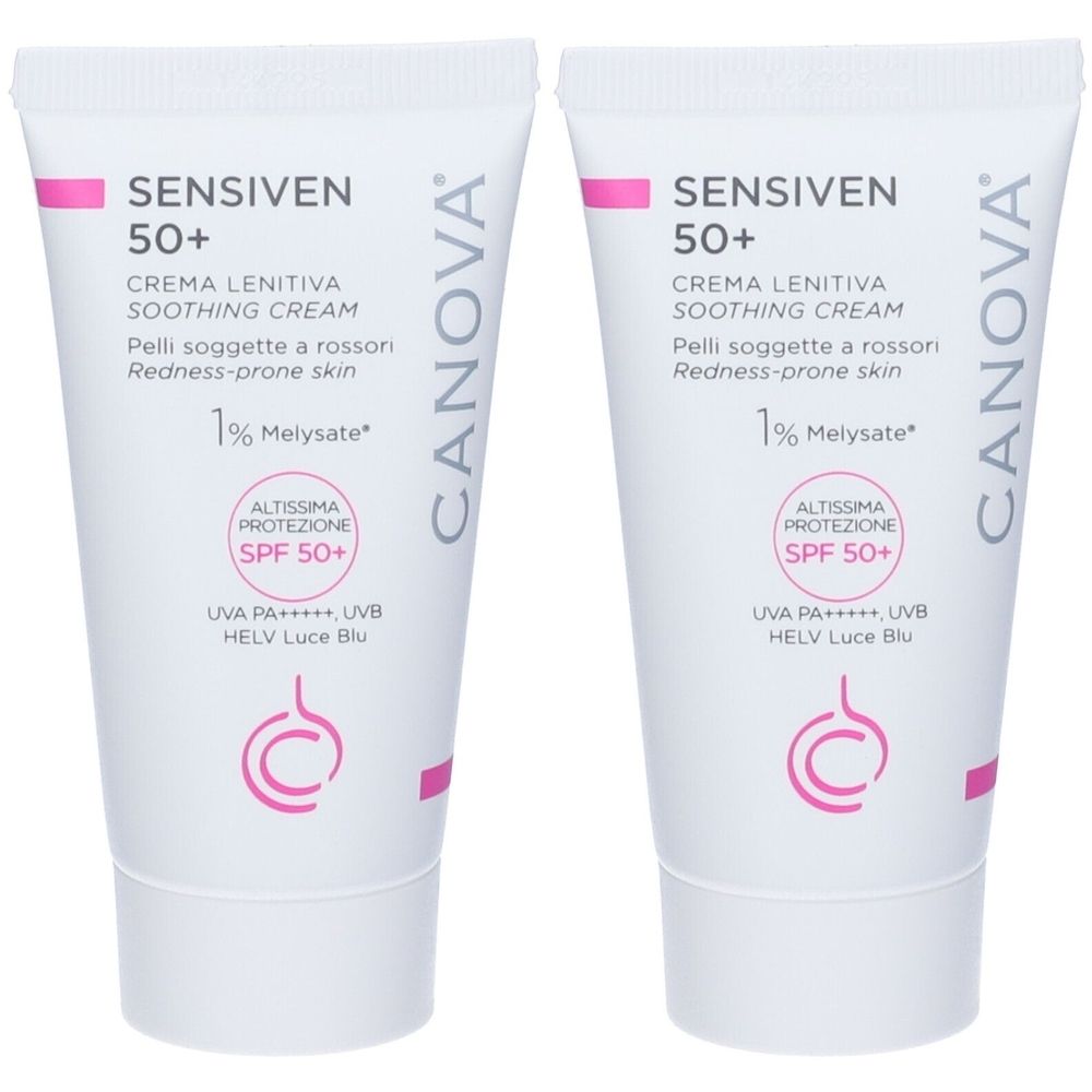 Due tubi bianchi con dettagli rosa. Scritta: SENSIVEN 50+, crema, SPF 50+. Marchio CANOVA.