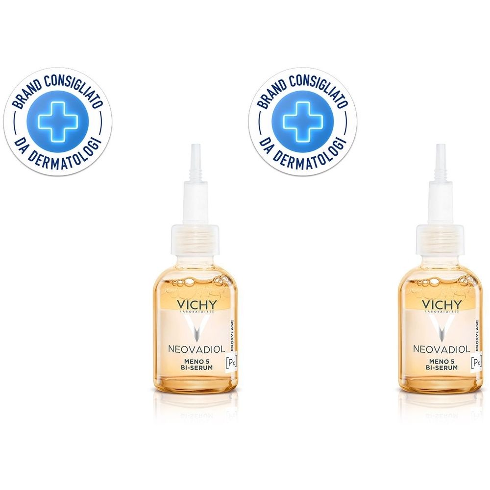 Due flaconi di siero con applicatore bianco. Scritta: VICHY, NEOVADIOL Meno 5 Bi-Serum. Sigillo: Brand Consigliato da Dermatologi.
