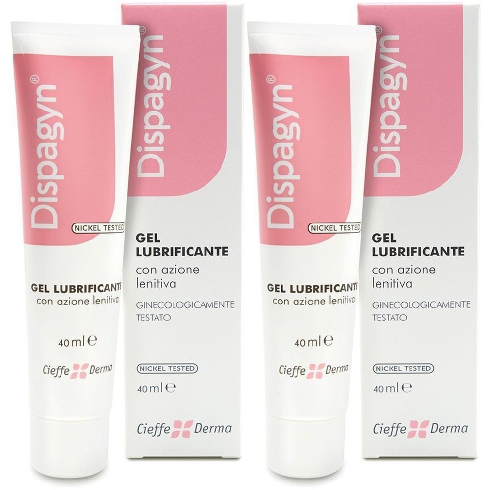 Due tubi e confezioni. Sui tubi "Dispagyn Gel Lubrificante". Confezione con accenti rosa e testo.