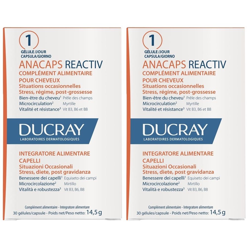 Due confezioni di Ducray Anacaps Reactiv, integratore per capelli. Confezione bianca con testo e logo.