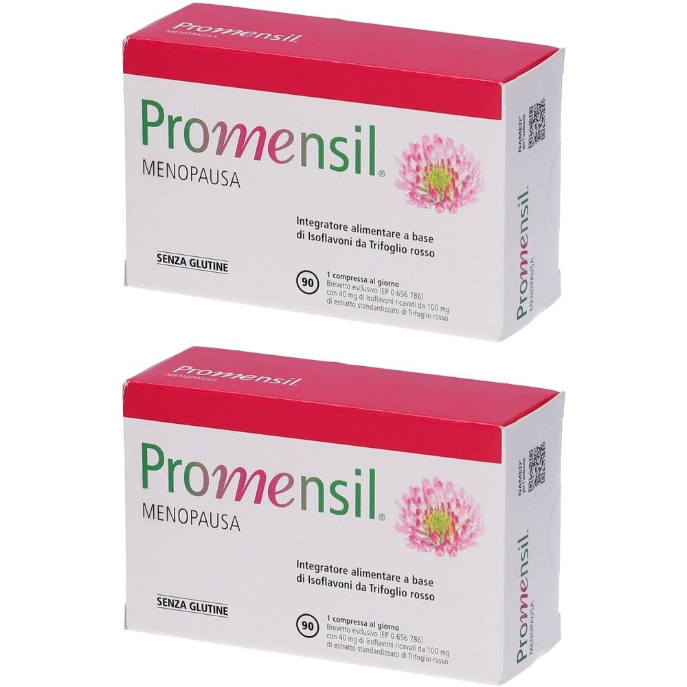 Due scatole rosse. Scritta: Promensil, Menopausa. Contiene 90 compresse. Senza glutine.