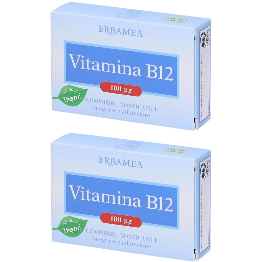 Due confezioni di Erbamea Vitamina B12. Scritta blu, rettangolo rosso con 100 µg. Sigillo Vegan.