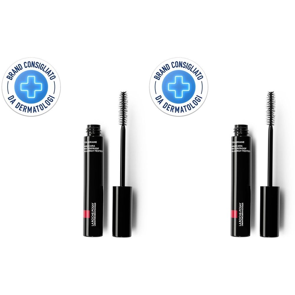 Due mascara neri con applicatori. Visibile il marchio "La Roche-Posay". Loghi in alto.