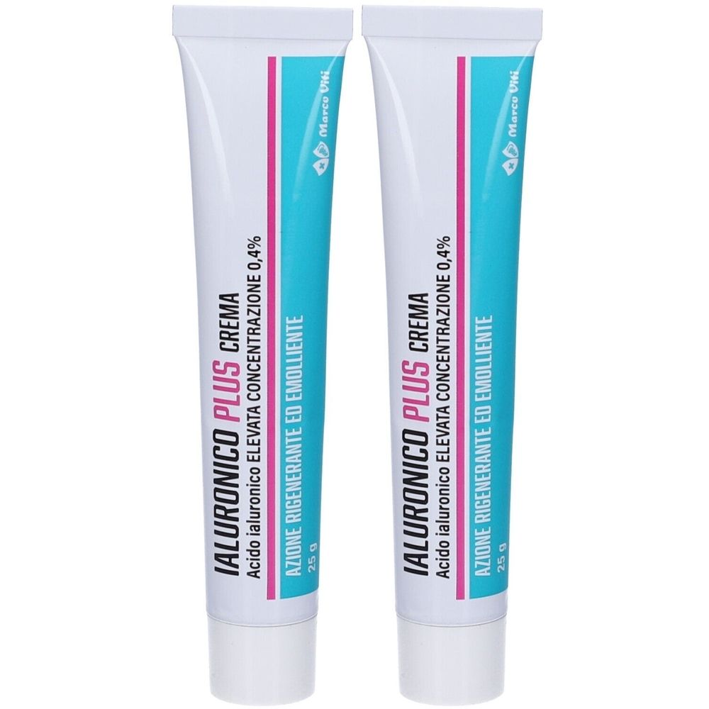 Due tubi di crema. Scritta: IALURONICO PLUS CREMA, Acido ialuronico 0,4%. Marchio Marco Viti.