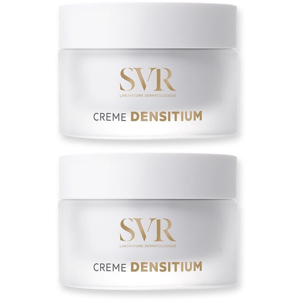 Due vasetti bianchi con coperchi. Sui vasetti, SVR e Creme Densitium sono scritti.