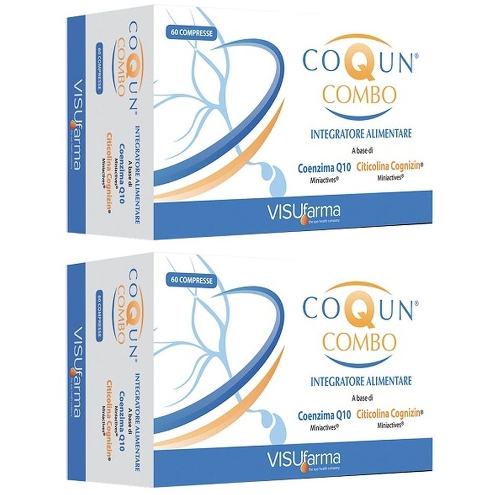 Due confezioni di Coqun Combo, integratore alimentare. Scritta: 60 compresse, Coenzima Q10, Citicolina Cognizin. Marchio: Visufarma.