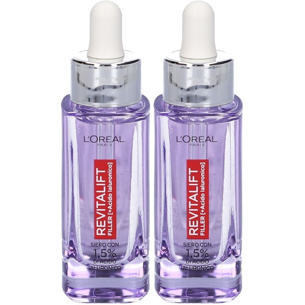 Due flaconi di siero. Scritta: L'Oréal Paris Revitalift Filler con acido ialuronico 1,5%. Flaconi in vetro con contagocce.