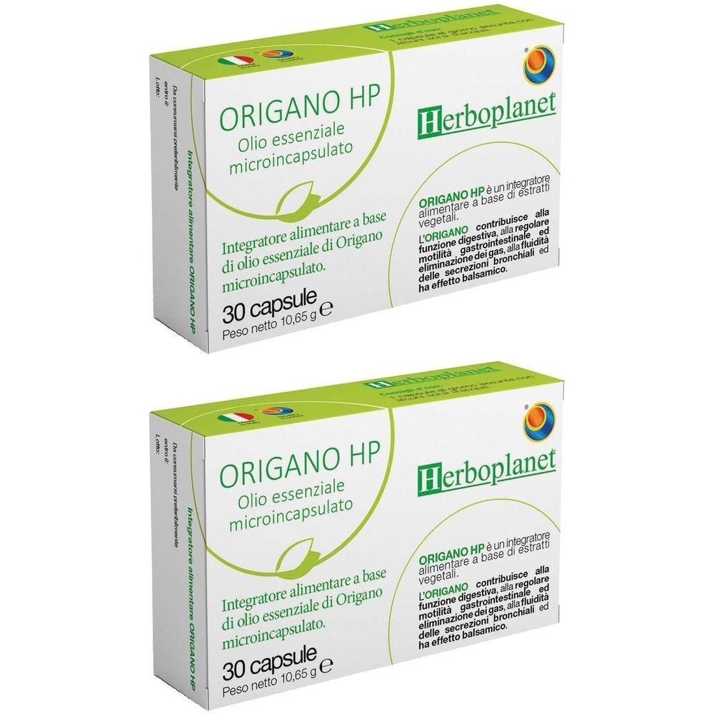 Due scatole di capsule « Origano HP ». Confezione bianca con dettagli verdi e informazioni sul prodotto. Marchio: Herboplanet.