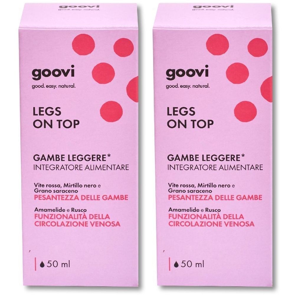 Due confezioni rosa. Scritte: Goovi, Legs on Top, Gambe Leggere, 50 ml. Cerchi rossi in alto.