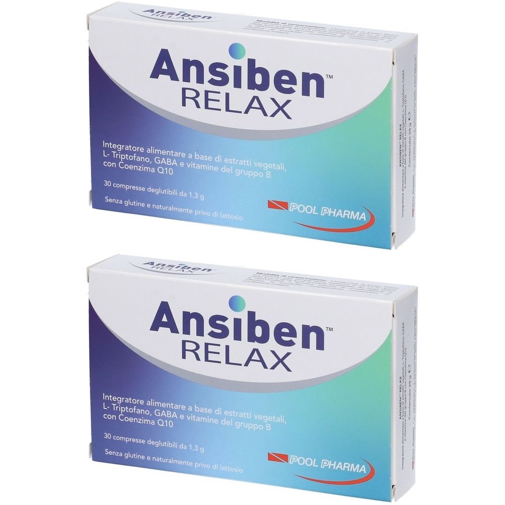 Due scatole di "Ansiben Relax". Testo: Integratore alimentare, L-Triptofano, GABA, vitamine, coenzima Q10. Marchio: Pool Pharma.