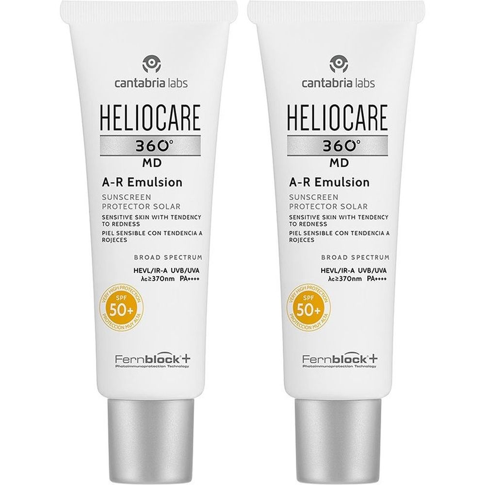 Due tubi bianchi con tappi argentati. Scritta: Heliocare 360° MD A-R Emulsion, SPF 50+.