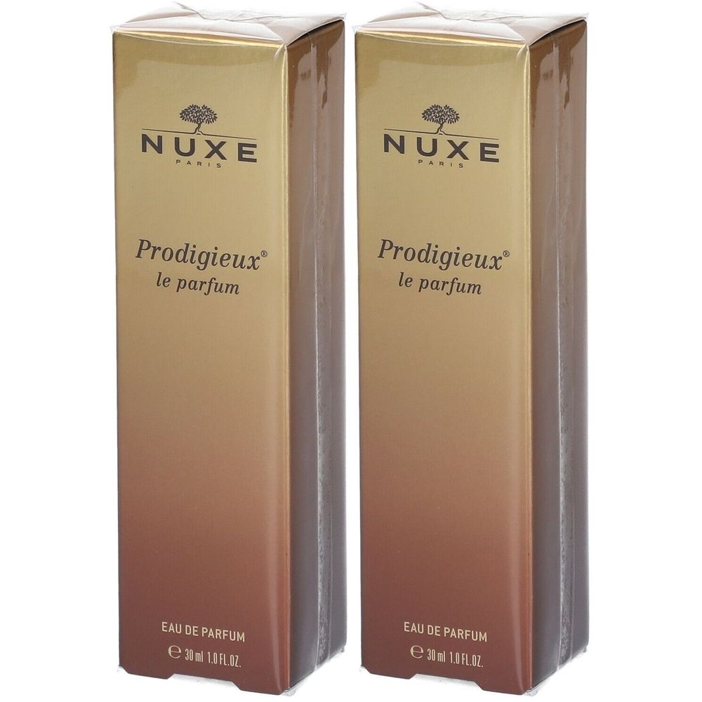 Due scatole color oro. Scritta: Nuxe, Prodigieux le parfum. Eau de Parfum. Confezione.