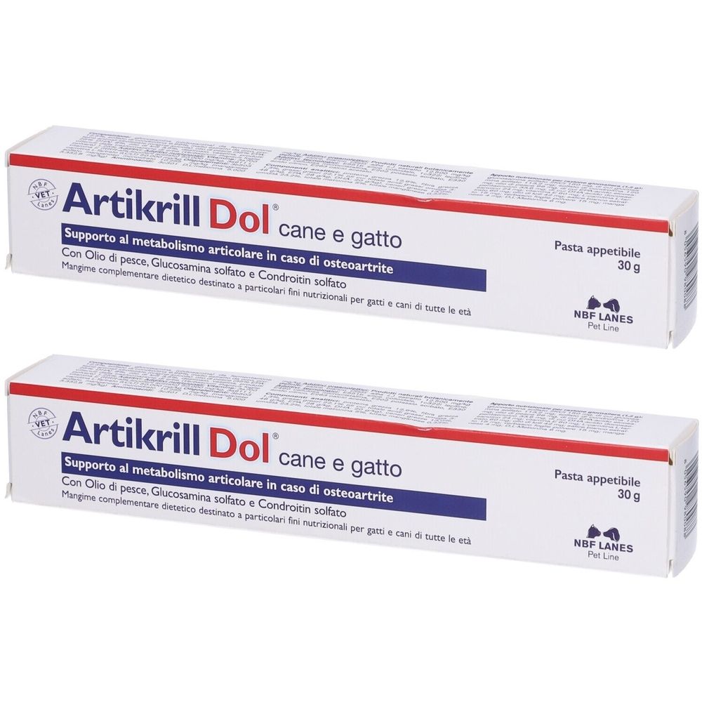Due tubi di Artikrill Dol per cani e gatti. Confezione bianca con testo blu e rosso. Contiene 30g. Pasta appetibile.