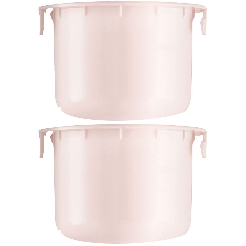 Due contenitori rosa con manici. Forma cilindrica, con piccole sporgenze sulla parte superiore. Su sfondo bianco.