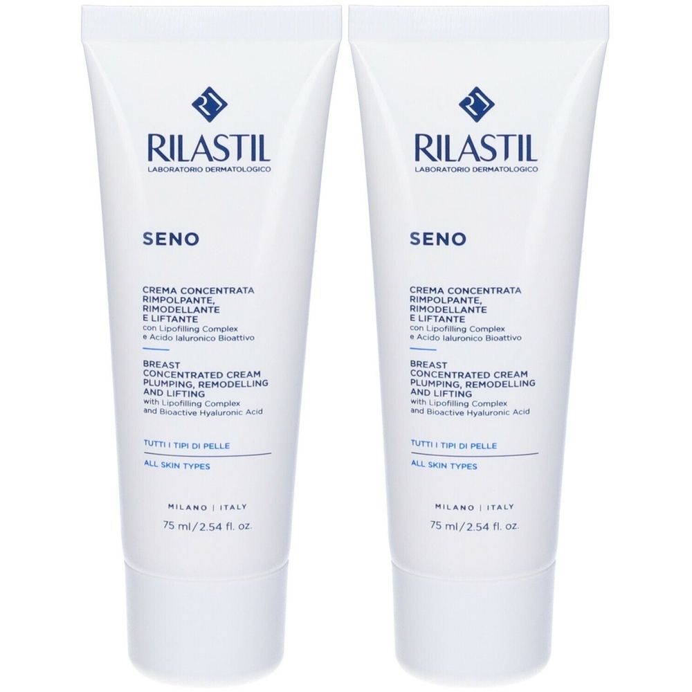 Due tubi bianchi con testo. Scritto: Rilastil Seno, crema concentrata per il seno. 75 ml.