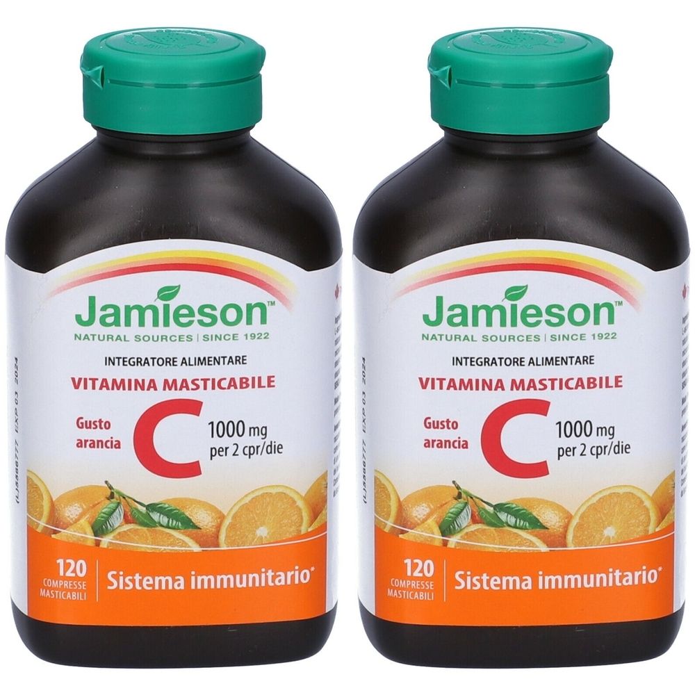 Due flaconi di vitamina C Jamieson 1000 mg masticabile. Flaconi neri con tappo verde. Scritta: Vitamina C, gusto arancia.