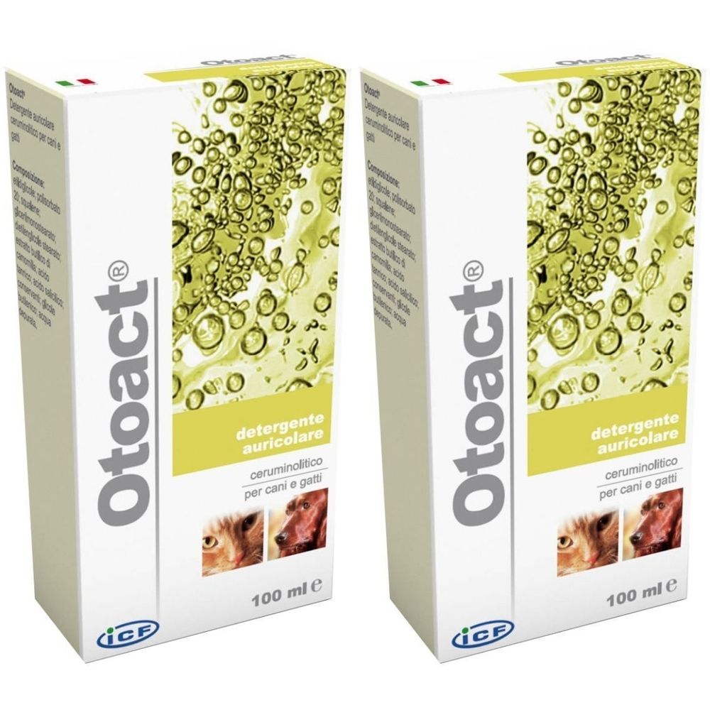 Due scatole bianche con stampa del prodotto. Scritta: Otoact, detergente auricolare per cani e gatti. 100 ml.