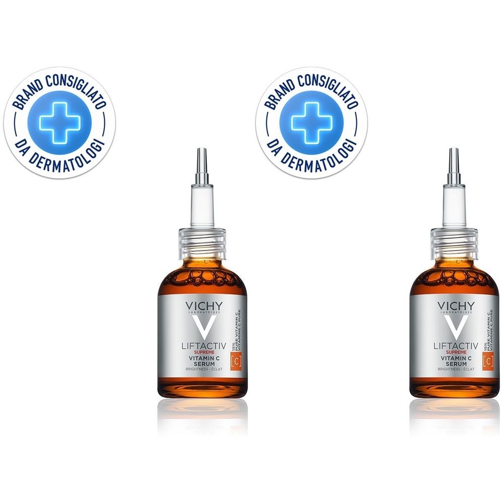 Due flaconi di siero con contagocce. Scritta: Vichy Liftactiv Vitamin C Serum. In alto: logo "Brand Consigliato da Dermatologi".