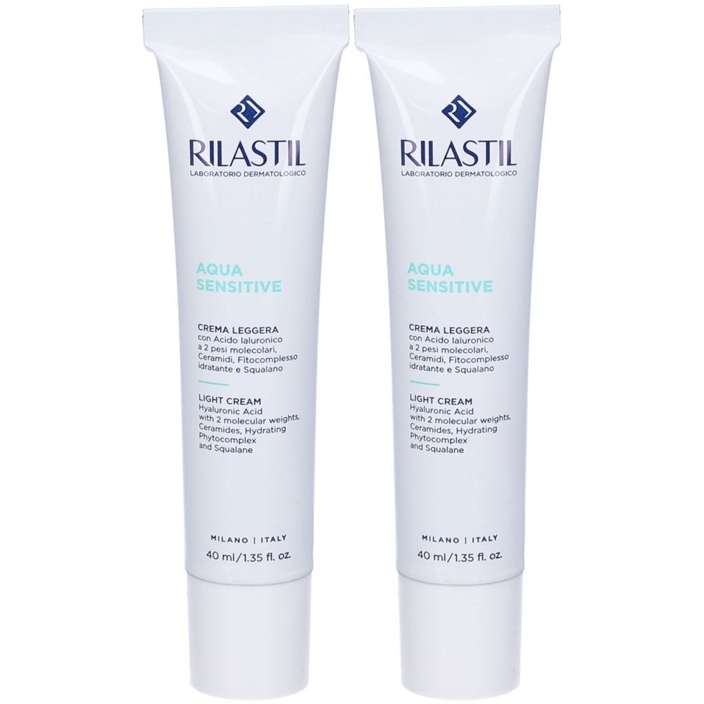 Due tubi di crema Rilastil Aqua Sensitive. Tubi bianchi con testo blu. Contiene 'Aqua Sensitive' e 'Crema Leggera'. 40 ml.