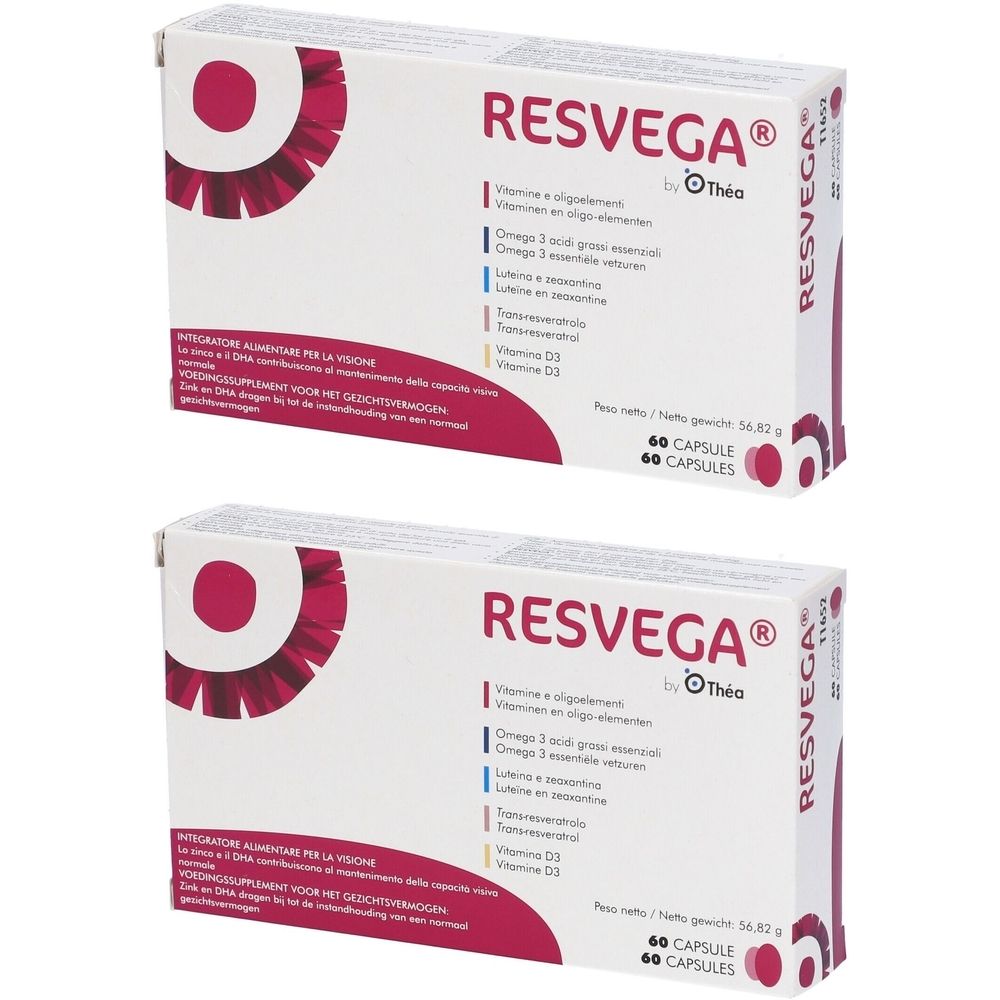 Due scatole bianche RESVEGA®. Scritte: Vitamine, Omega 3, Luteina, Zeaxantina, Vitamina D3. 60 capsule.