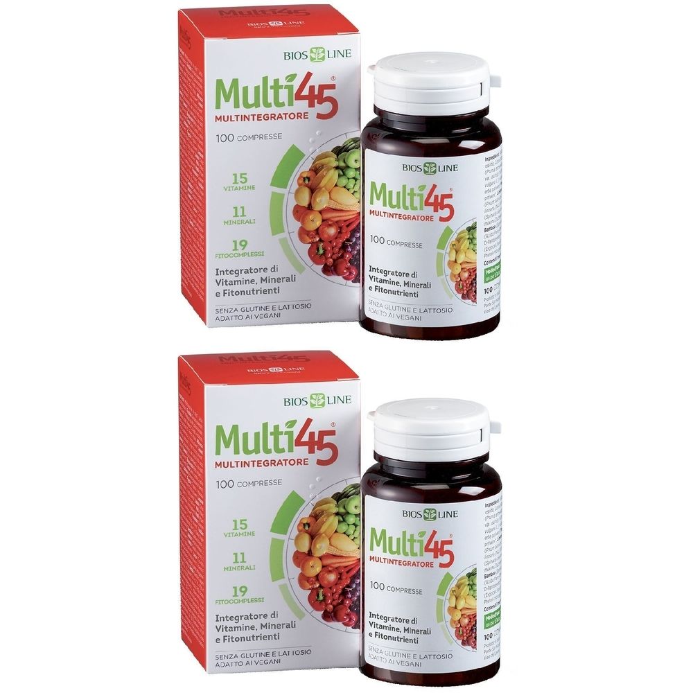 Due confezioni e flaconi di Multi45. Scritta: Multi45, Multintegratore, 100 compresse. Contiene vitamine, minerali e fitonutrienti.