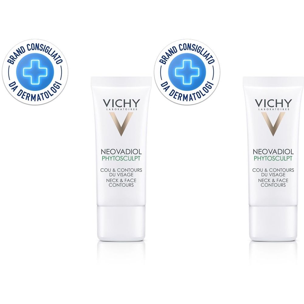Tre tubi bianchi. Su ognuno, VICHY e NEOVADIOL PHYTOSCULPT. Sopra, sigillo con croce e testo.