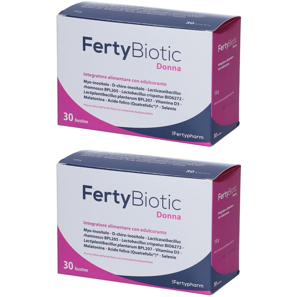 Due confezioni di FertyBiotic Donna. Scritta: 30 bustine. Contiene myo-inositolo, Lacticaseibacillus, vitamina D3.
