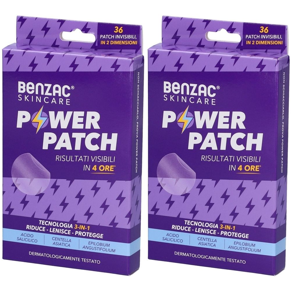 Due confezioni di Benzac Skincare Power Patch. Confezione viola con nome e ingredienti. 36 patch invisibili.