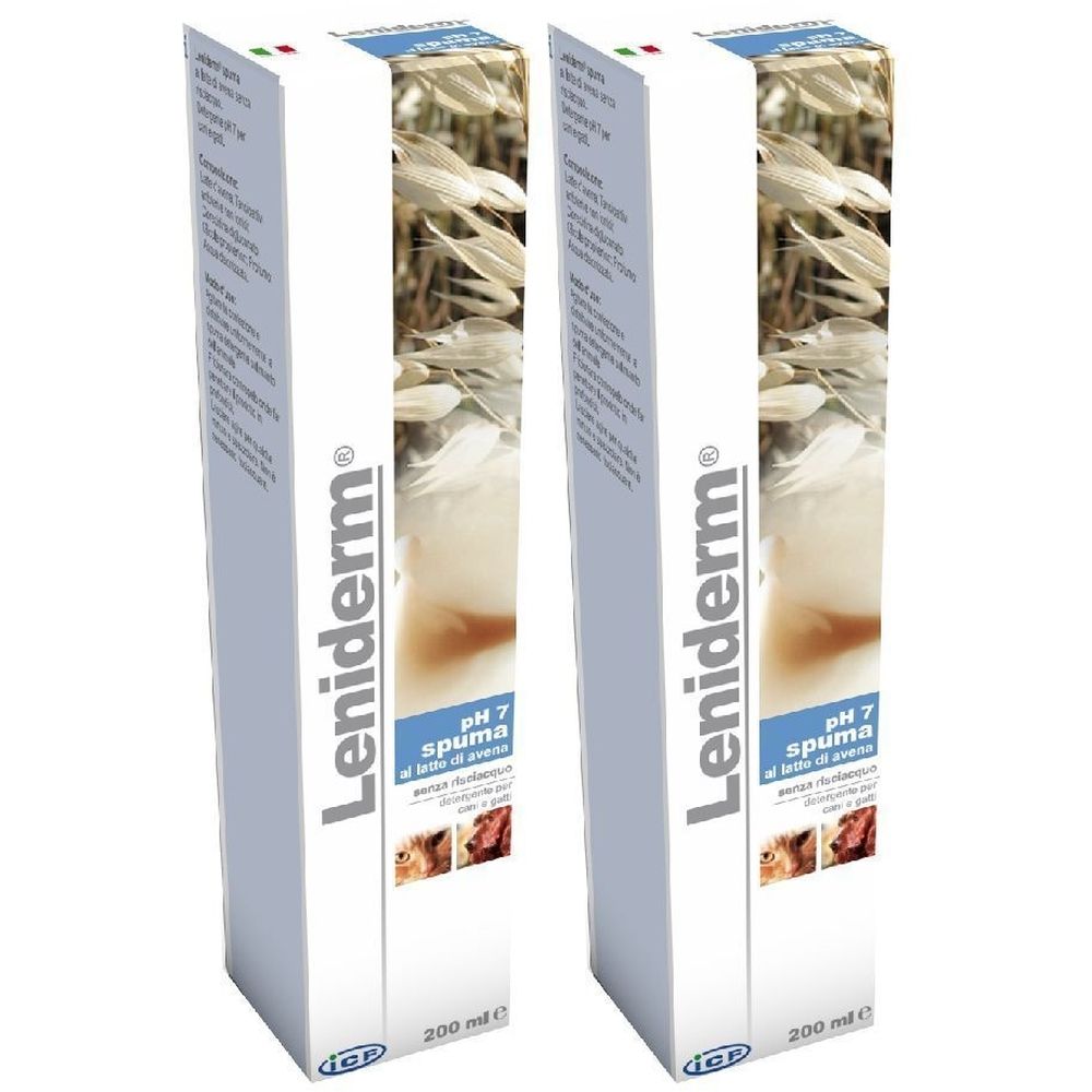 Due scatole rettangolari. Scritta Leniderm, pH 7 Spuma. In basso 200 ml. Sulla confezione sono visibili immagini di animali.