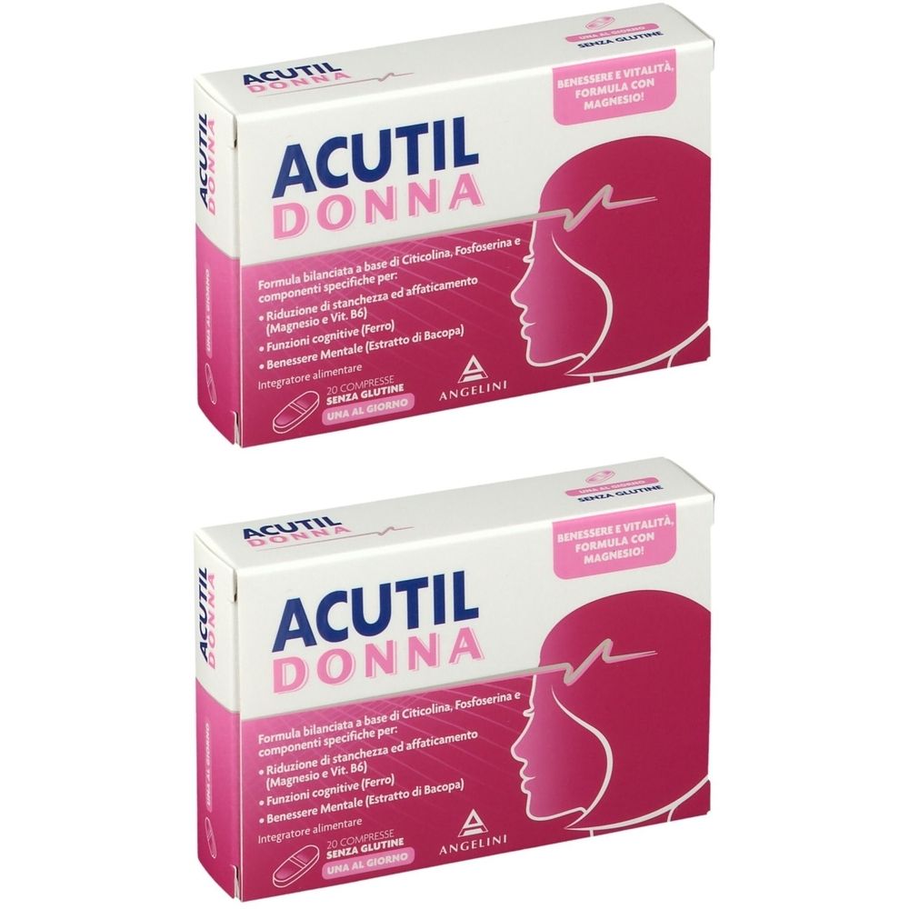 Due confezioni di ACUTIL Donna. Scatole bianche con dettagli rosa e informazioni sul prodotto. Include l'illustrazione di un profilo femminile.