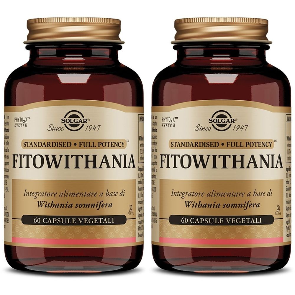 Due flaconi di Solgar Fitowithania. Flaconi in vetro marrone con tappi dorati ed etichette. Scritta: Fitowithania, 60 capsule vegetali.