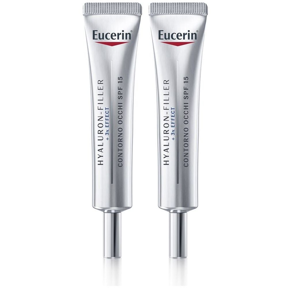 Due tubi di Eucerin Hyaluron-Filler Contorno Occhi SPF 15. Tubi argentati con logo rosso e nome del prodotto.