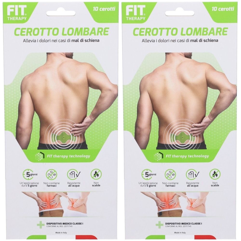 Due confezioni da 10 cerotti ciascuna. Scritta: FIT THERAPY, CEROTTO LOMBARE. Illustrazione di un uomo con dolore alla schiena.