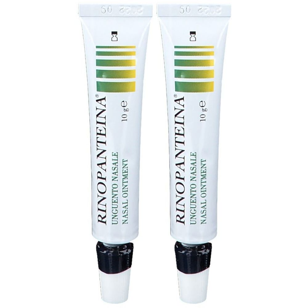 Due tubi di unguento nasale. Scritta: Rinopanteina, Unguento Nasale, 10 g. Tubi bianchi con strisce verdi e tappo nero.