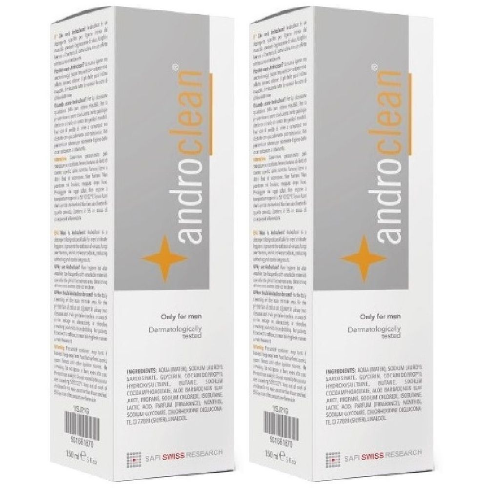 Due scatole bianche con la scritta "androclean". Testo multilingue. Scritta "Only for men" e "Dermatologically tested".