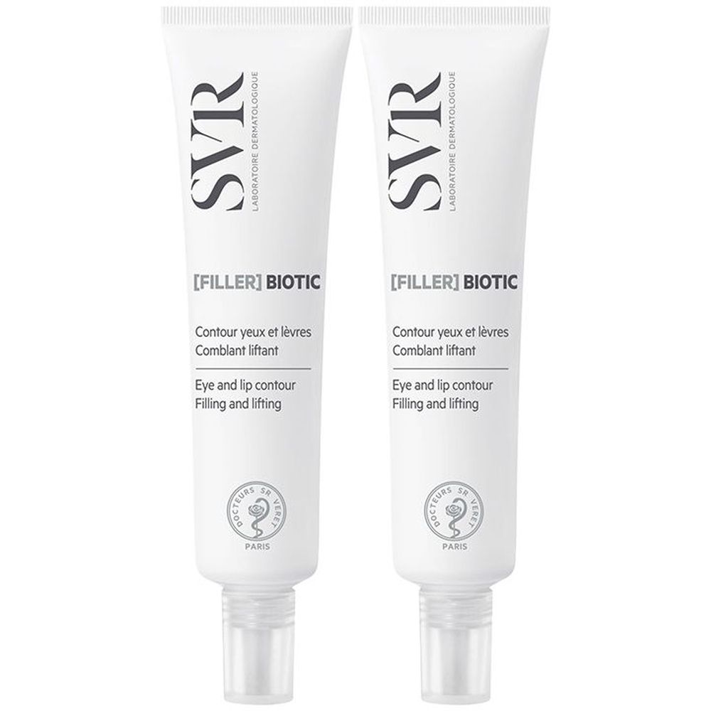 Due tubi di crema contorno occhi e labbra. Tubi bianchi con testo e logo. Marchio SVR. Nome prodotto [FILLER] BIOTIC.