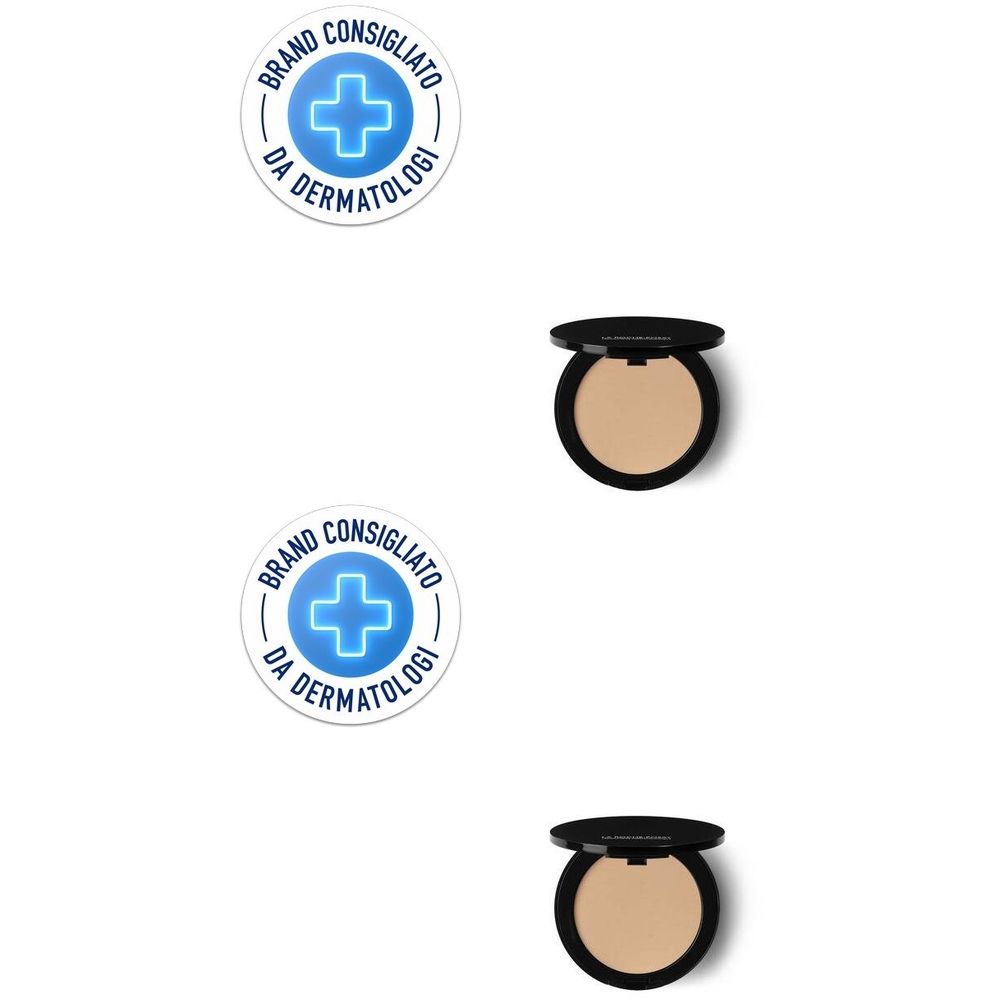 Due confezioni di polvere rotonde nere con contenuto beige. Loghi con croce blu in alto e in basso.