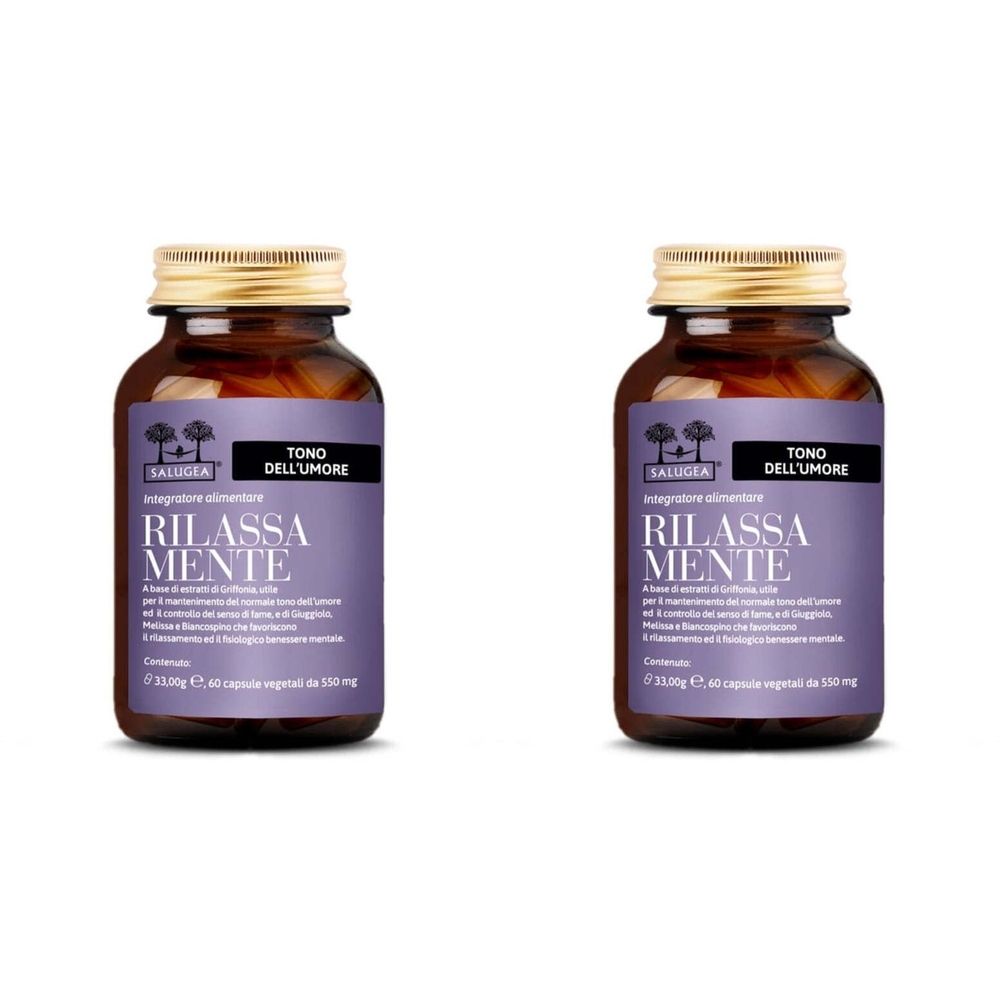 Due flaconi di vetro marrone con tappi dorati. Le etichette riportano "Rilassa Mente" e "Tono dell'umore".