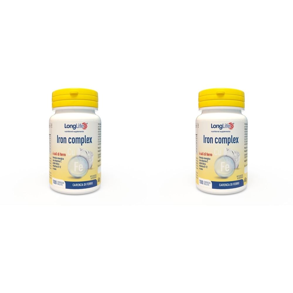 Due flaconi bianchi con tappi gialli. Scritta: Iron complex, Fe. Marchio: LongLife.
