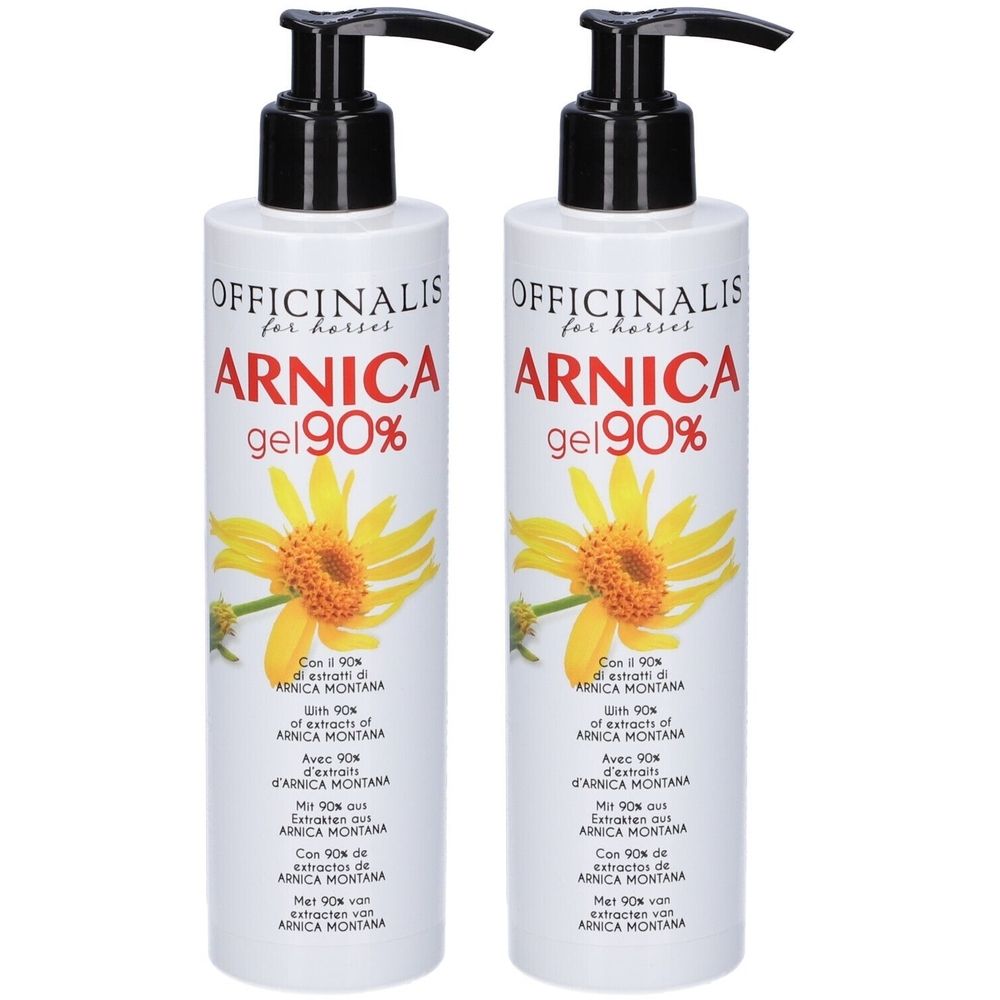 Due flaconi bianchi con dosatore nero. Scritta: Arnica Gel 90%. Fiore giallo illustrato. Testo in più lingue.