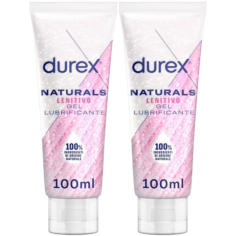 Due tubi di gel. Scritta: Durex Naturals, Lenitivo Gel, 100% ingredienti di origine naturale. Volume: 100ml.