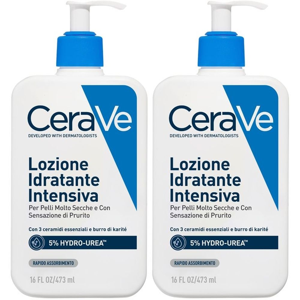 Due flaconi bianchi con dettagli blu. Scritta: CeraVe Lozione Idratante Intensiva. Con dosatore a pompa. Testo in italiano.