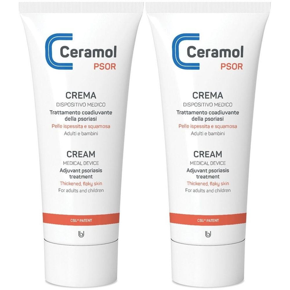 Due tubi di crema Ceramol PSOR. Tubi bianchi con testo blu. Testo: CREMA, CREAM, dispositivo medico per il trattamento della psoriasi.