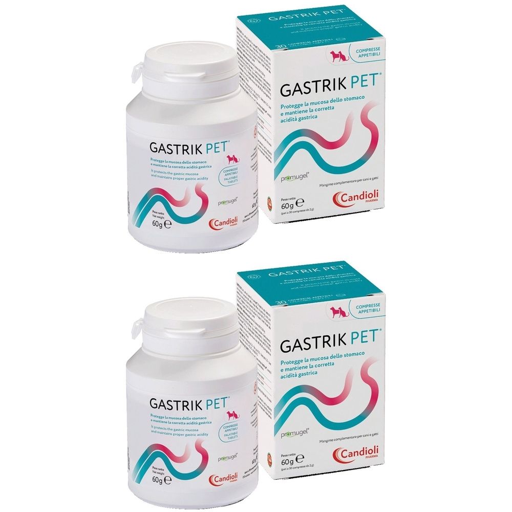 Due flaconi bianchi e due scatole con la scritta GASTRIK PET. Sui flaconi e sulle scatole è visibile il logo Candioli.