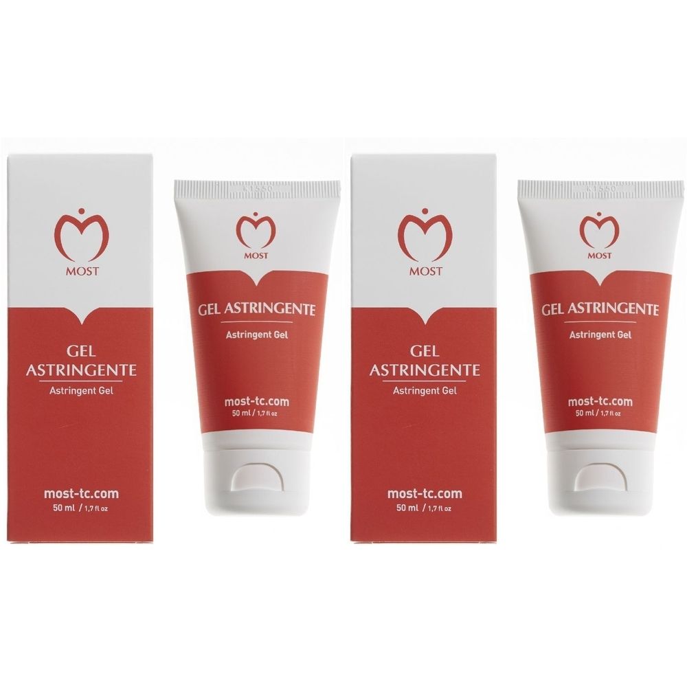 Due tubi e due scatole con scritte rosse e bianche. Sui tubi c'è scritto "GEL ASTRINGENTE".