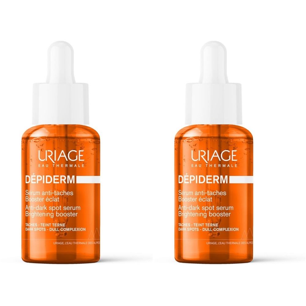 Due flaconi di siero Uriage Dépiderm. Flaconi arancioni con tappo bianco e contagocce. Etichettatura del prodotto visibile.