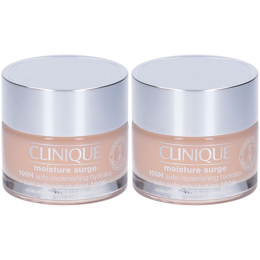 Due vasetti di crema con coperchi argentati. Sui vasetti è scritto CLINIQUE moisture surge 100H auto-replenishing hydrator.